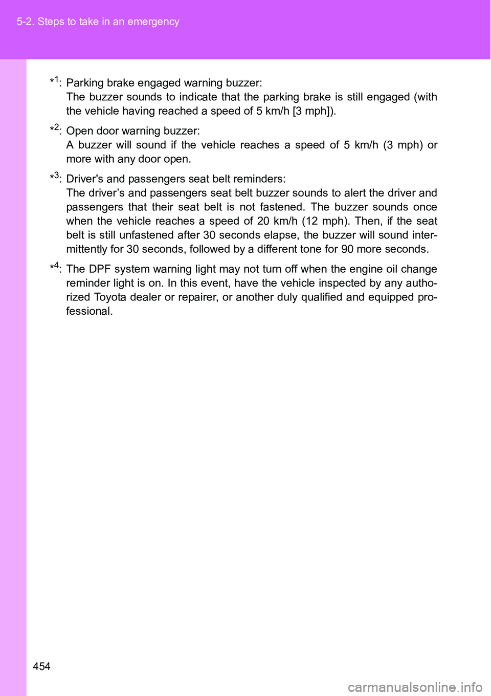 TOYOTA VERSO S 2015  Owners Manual 454 5-2. Steps to take in an emergency
*1: Parking brake engaged warning buzzer: 
The buzzer sounds to indicate that the parking brake is still engaged (with
the vehicle having reached a speed of 5 km TOYOTA VERSO S 2015  Owners Manual 454 5-2. Steps to take in an emergency
*1: Parking brake engaged warning buzzer: 
The buzzer sounds to indicate that the parking brake is still engaged (with
the vehicle having reached a speed of 5 km