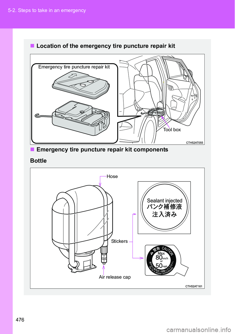 TOYOTA VERSO S 2015  Owners Manual 476 5-2. Steps to take in an emergency
Location of the emergency tire puncture repair kit
Emergency tire puncture repair kit components
Bottle
Tool box
Emergency tire puncture repair kit
Air rel