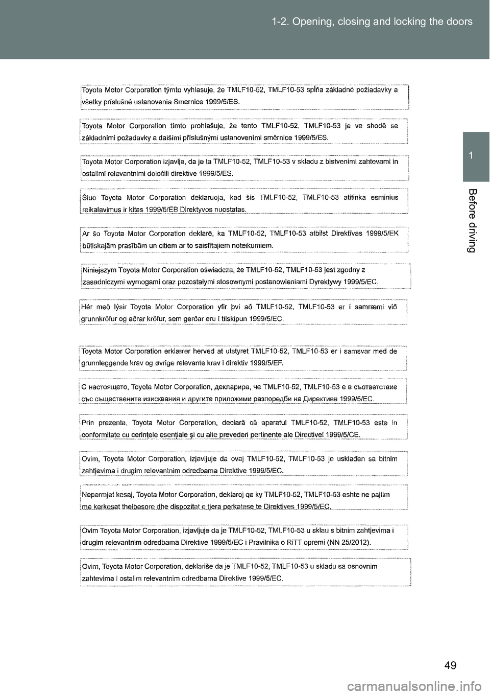 TOYOTA VERSO S 2015 Service Manual 49 1-2. Opening, closing and locking the doors
1
Before driving TOYOTA VERSO S 2015 Service Manual 49 1-2. Opening, closing and locking the doors
1
Before driving