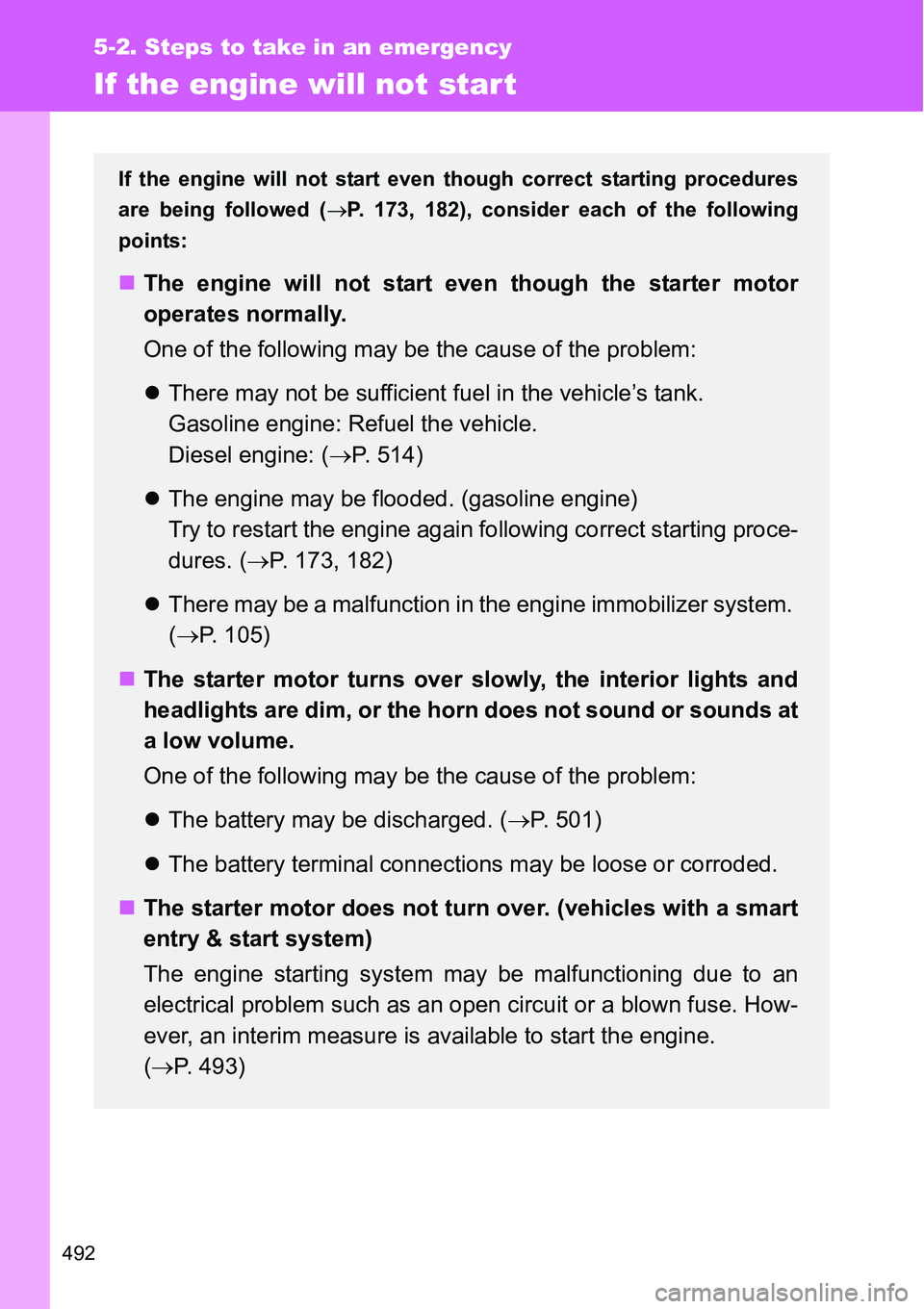 TOYOTA VERSO S 2015 Owners Manual 492
5-2. Steps to take in an emergency
If the engine will not start
If the engine will not start even though correct starting procedures
are being followed (P. 173, 182), consider each of the follo TOYOTA VERSO S 2015 Owners Manual 492
5-2. Steps to take in an emergency
If the engine will not start
If the engine will not start even though correct starting procedures
are being followed (P. 173, 182), consider each of the follo