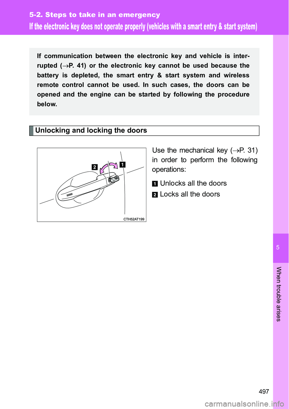 TOYOTA VERSO S 2015 Owners Manual 5
497
5-2. Steps to take in an emergency
When trouble arises
If the electronic key does not operate properly (vehicles with a smart entr y & start system)
Unlocking and locking the doors
Use the mecha TOYOTA VERSO S 2015 Owners Manual 5
497
5-2. Steps to take in an emergency
When trouble arises
If the electronic key does not operate properly (vehicles with a smart entr y & start system)
Unlocking and locking the doors
Use the mecha