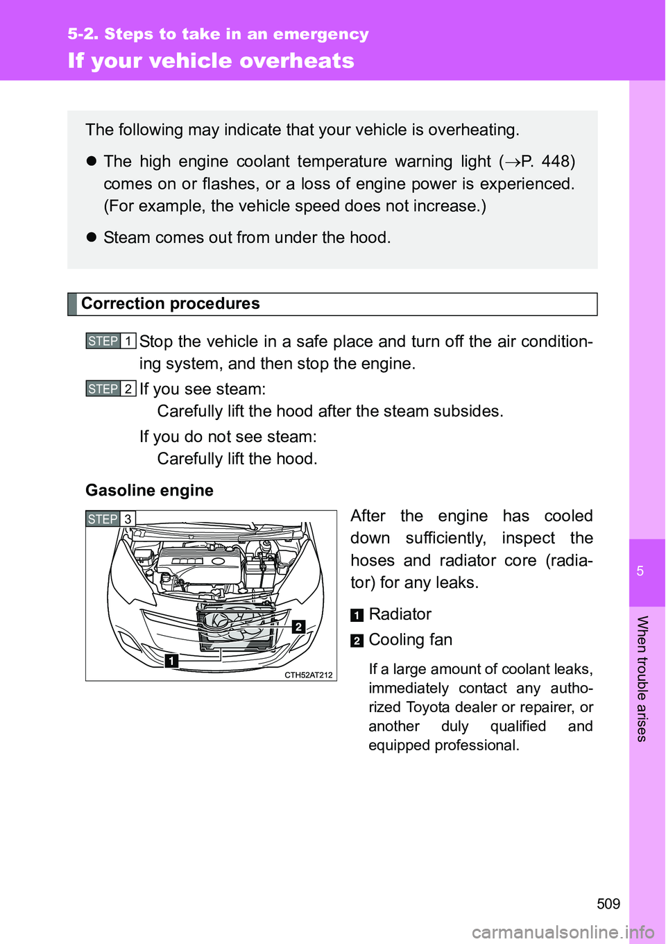 TOYOTA VERSO S 2015 Owners Manual 5
509
5-2. Steps to take in an emergency
When trouble arises
If your vehicle overheats
Correction procedures
Stop the vehicle in a safe place and turn off the air condition-
ing system, and then stop TOYOTA VERSO S 2015 Owners Manual 5
509
5-2. Steps to take in an emergency
When trouble arises
If your vehicle overheats
Correction procedures
Stop the vehicle in a safe place and turn off the air condition-
ing system, and then stop