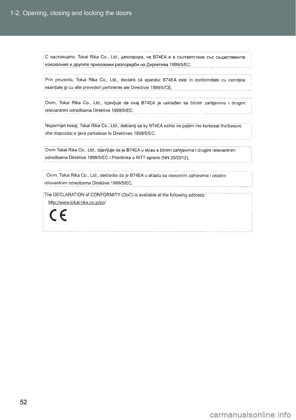 TOYOTA VERSO S 2015 Workshop Manual 52 1-2. Opening, closing and locking the doors 