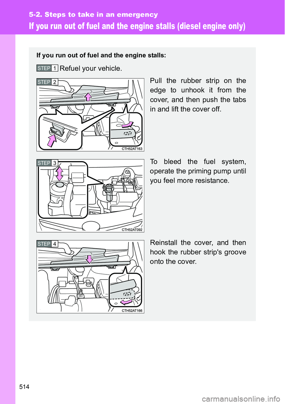 TOYOTA VERSO S 2015  Owners Manual 514
5-2. Steps to take in an emergency
If you run out of fuel and the engine stalls (diesel engine only)
If you run out of fuel and the engine stalls:
Refuel your vehicle.
Pull the rubber strip on the