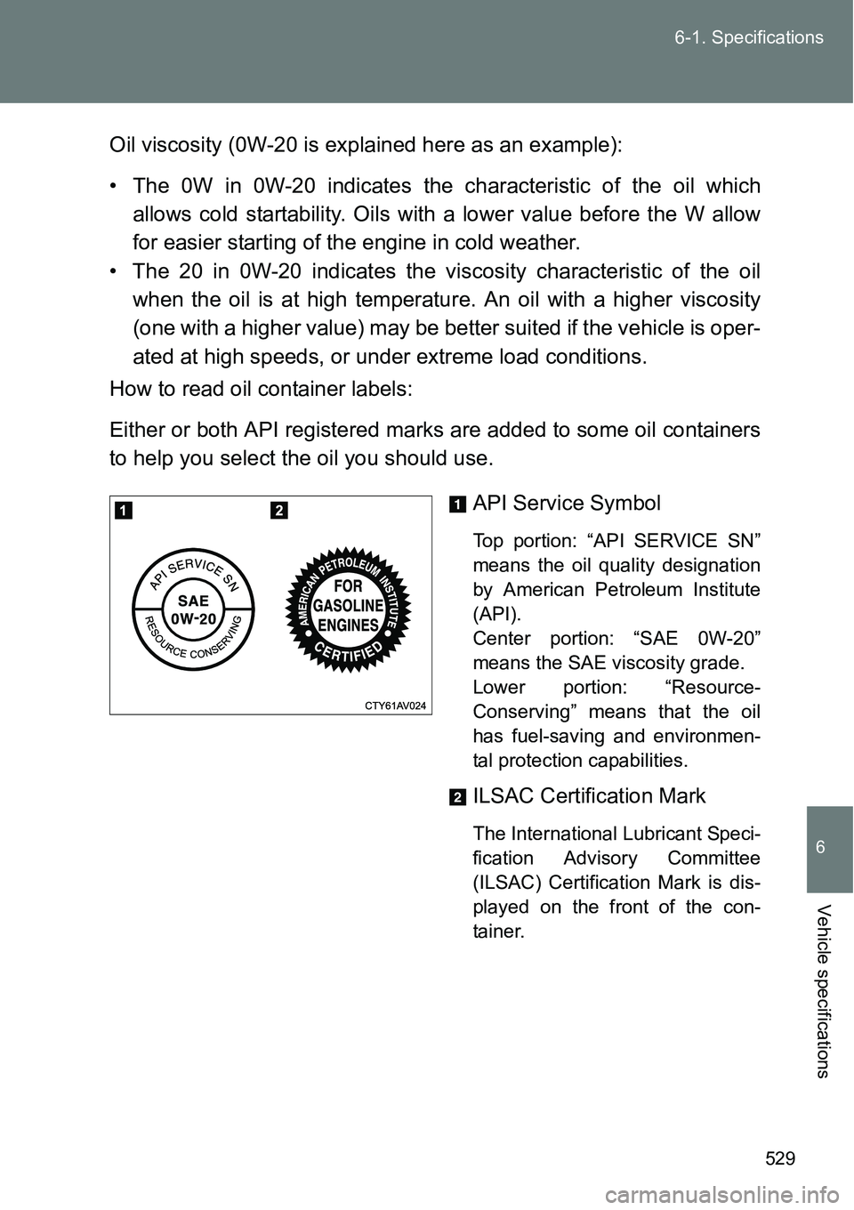 TOYOTA VERSO S 2015  Owners Manual 529 6-1. Specifications
6
Vehicle specifications
Oil viscosity (0W-20 is explained here as an example):
• The 0W in 0W-20 indicates the characteristic of the oil which
allows cold startability. Oils TOYOTA VERSO S 2015  Owners Manual 529 6-1. Specifications
6
Vehicle specifications
Oil viscosity (0W-20 is explained here as an example):
• The 0W in 0W-20 indicates the characteristic of the oil which
allows cold startability. Oils