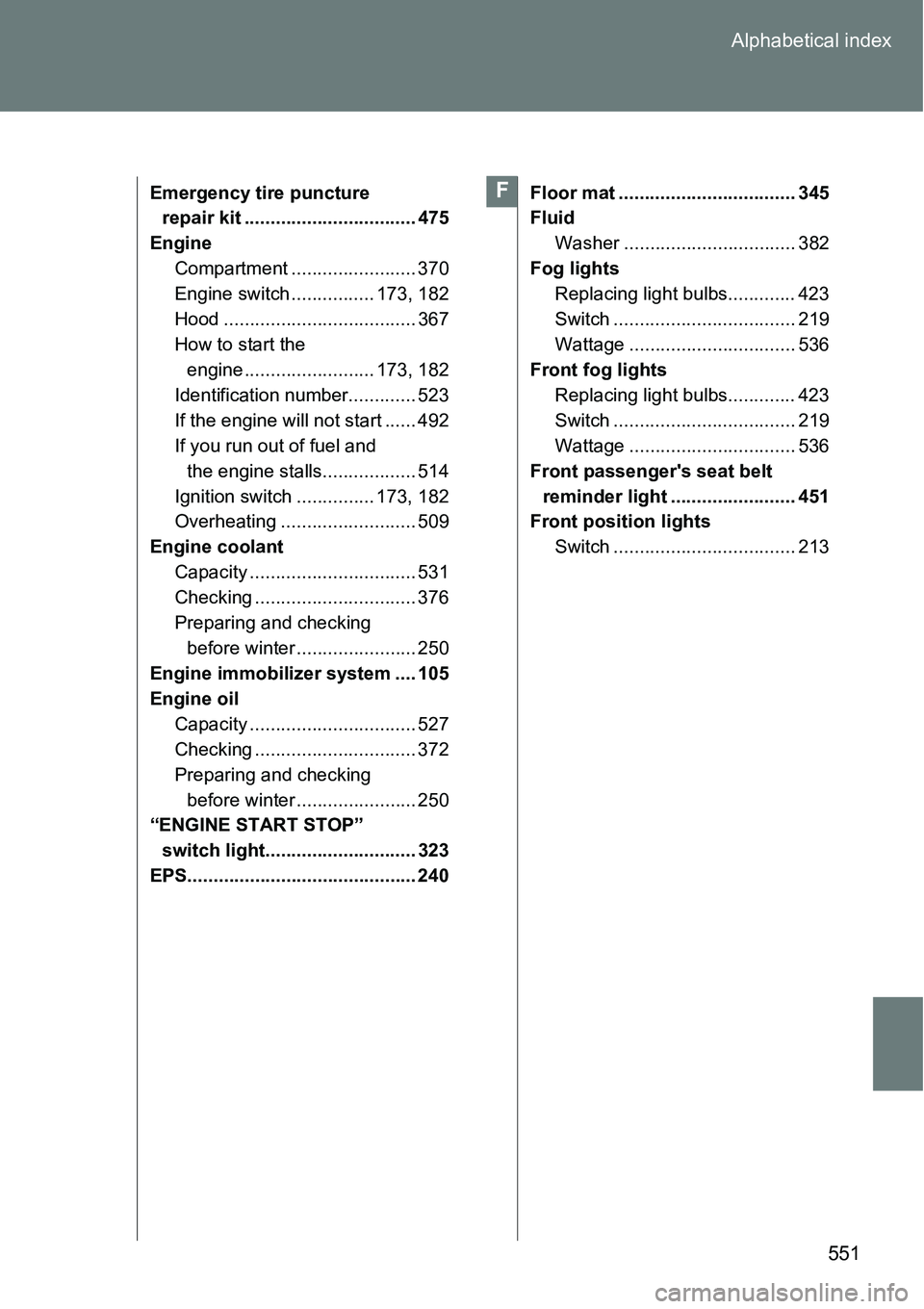 TOYOTA VERSO S 2015  Owners Manual 551 Alphabetical index
Emergency tire puncture 
repair kit ................................. 475
Engine
Compartment ........................ 370
Engine switch ................ 173, 182
Hood ..........