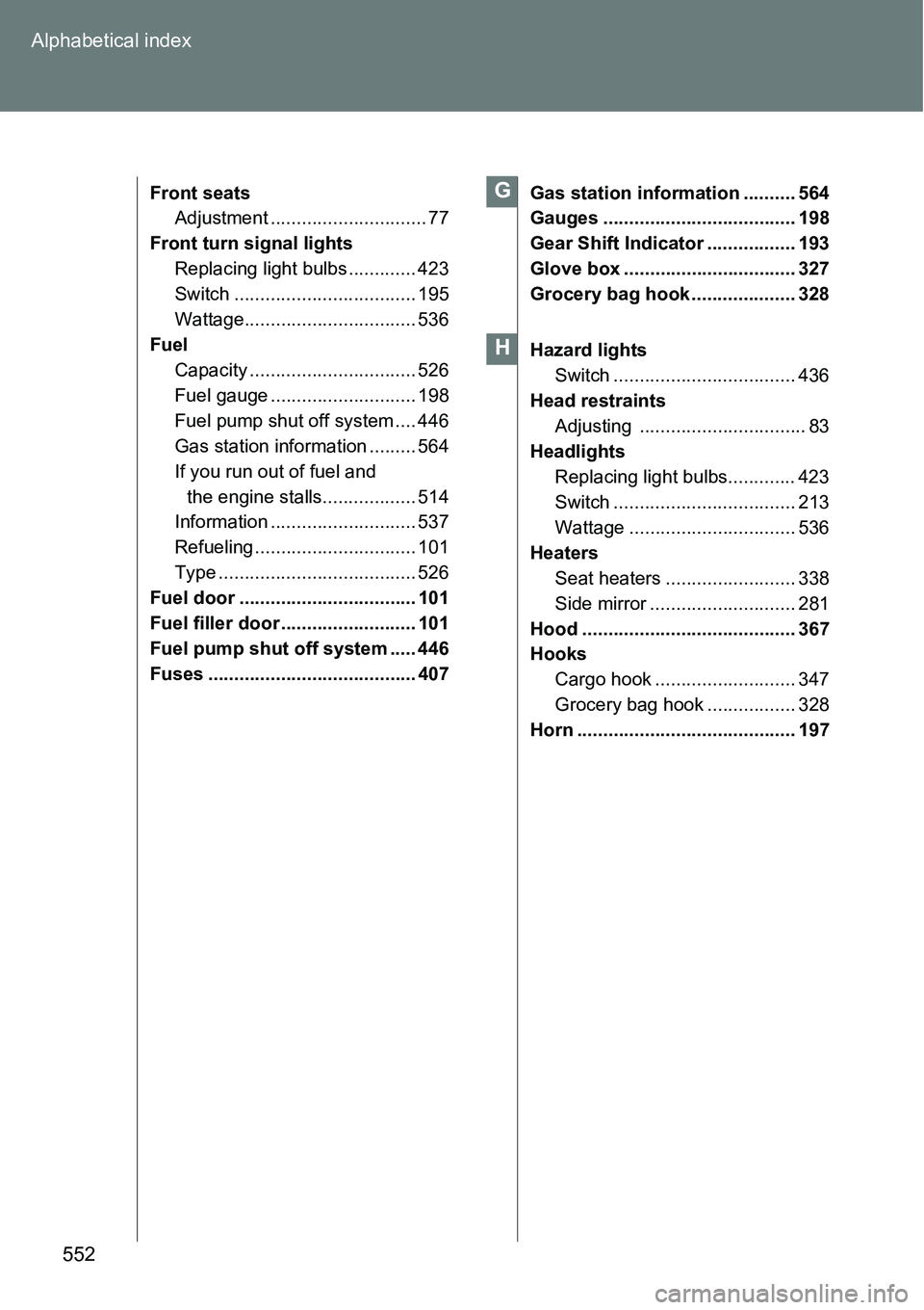 TOYOTA VERSO S 2015  Owners Manual 552 Alphabetical index
Front seats
Adjustment .............................. 77
Front turn signal lights
Replacing light bulbs ............. 423
Switch ................................... 195
Wattage.