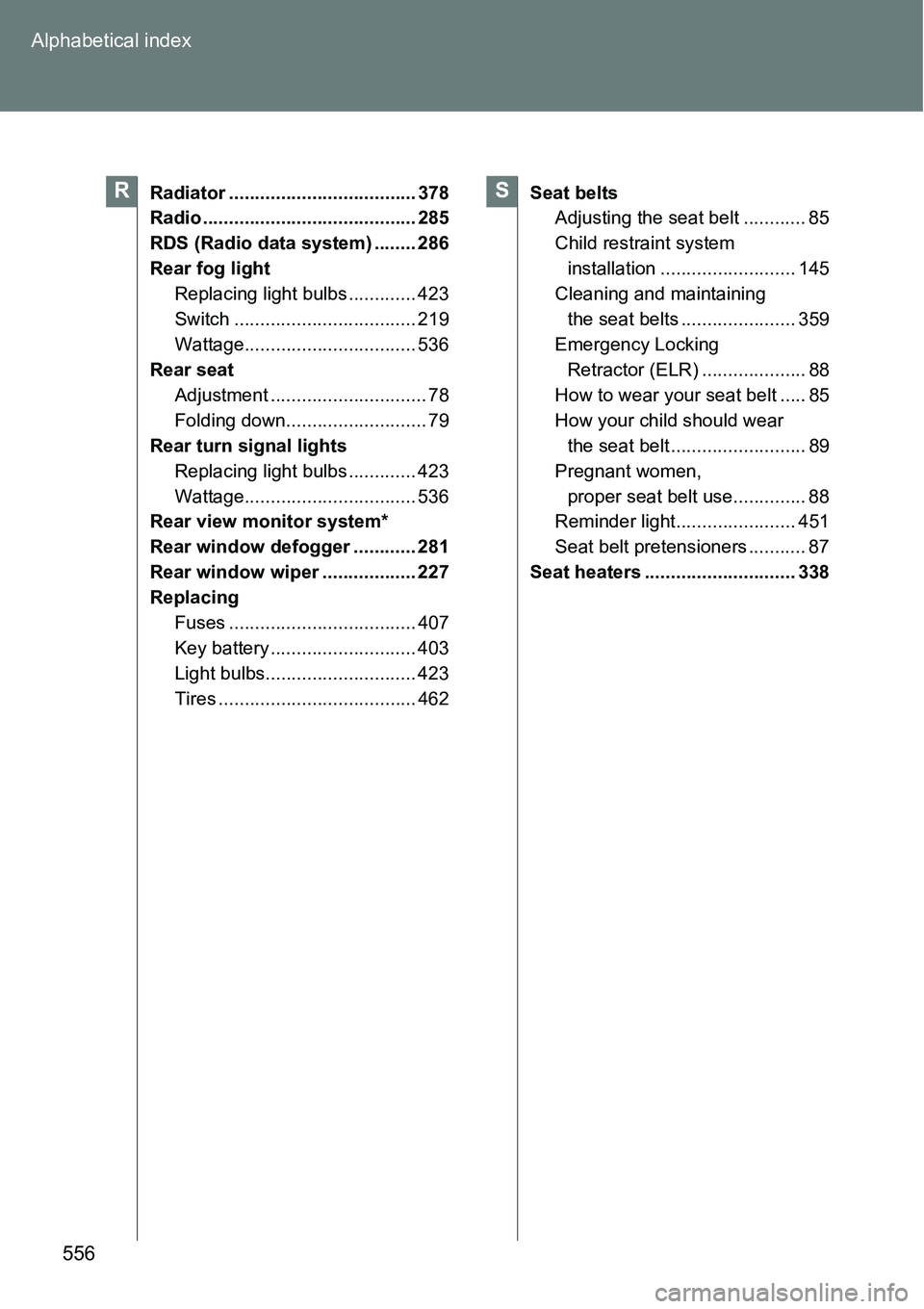 TOYOTA VERSO S 2015  Owners Manual 556 Alphabetical index
Radiator .................................... 378
Radio ......................................... 285
RDS (Radio data system) ........ 286
Rear fog light
Replacing light bulbs .