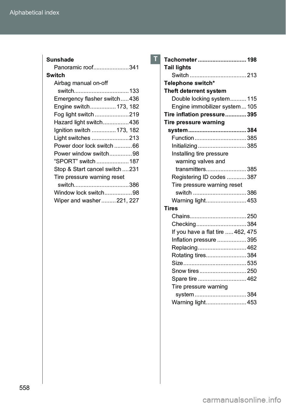TOYOTA VERSO S 2015 Owners Manual 558 Alphabetical index
Sunshade
Panoramic roof...................... 341
Switch
Airbag manual on-off
switch.................................. 133
Emergency flasher switch ..... 436
Engine switch .... TOYOTA VERSO S 2015 Owners Manual 558 Alphabetical index
Sunshade
Panoramic roof...................... 341
Switch
Airbag manual on-off
switch.................................. 133
Emergency flasher switch ..... 436
Engine switch ....