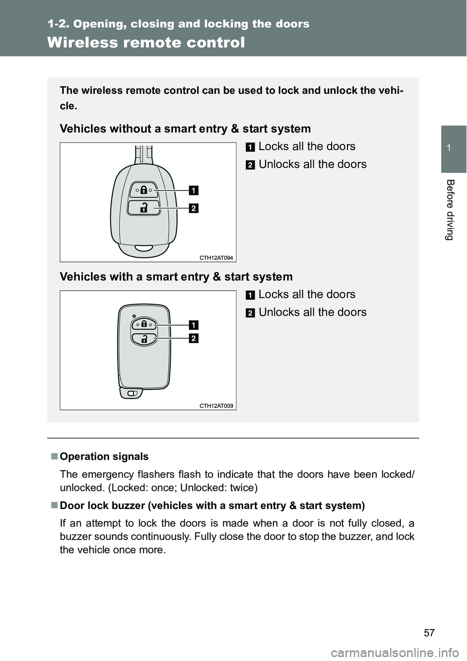 TOYOTA VERSO S 2015 Workshop Manual 57
1
1-2. Opening, closing and locking the doors
Before driving
Wireless remote control
Operation signals
The emergency flashers flash to indicate that the doors have been locked/
unlocked. (Locked