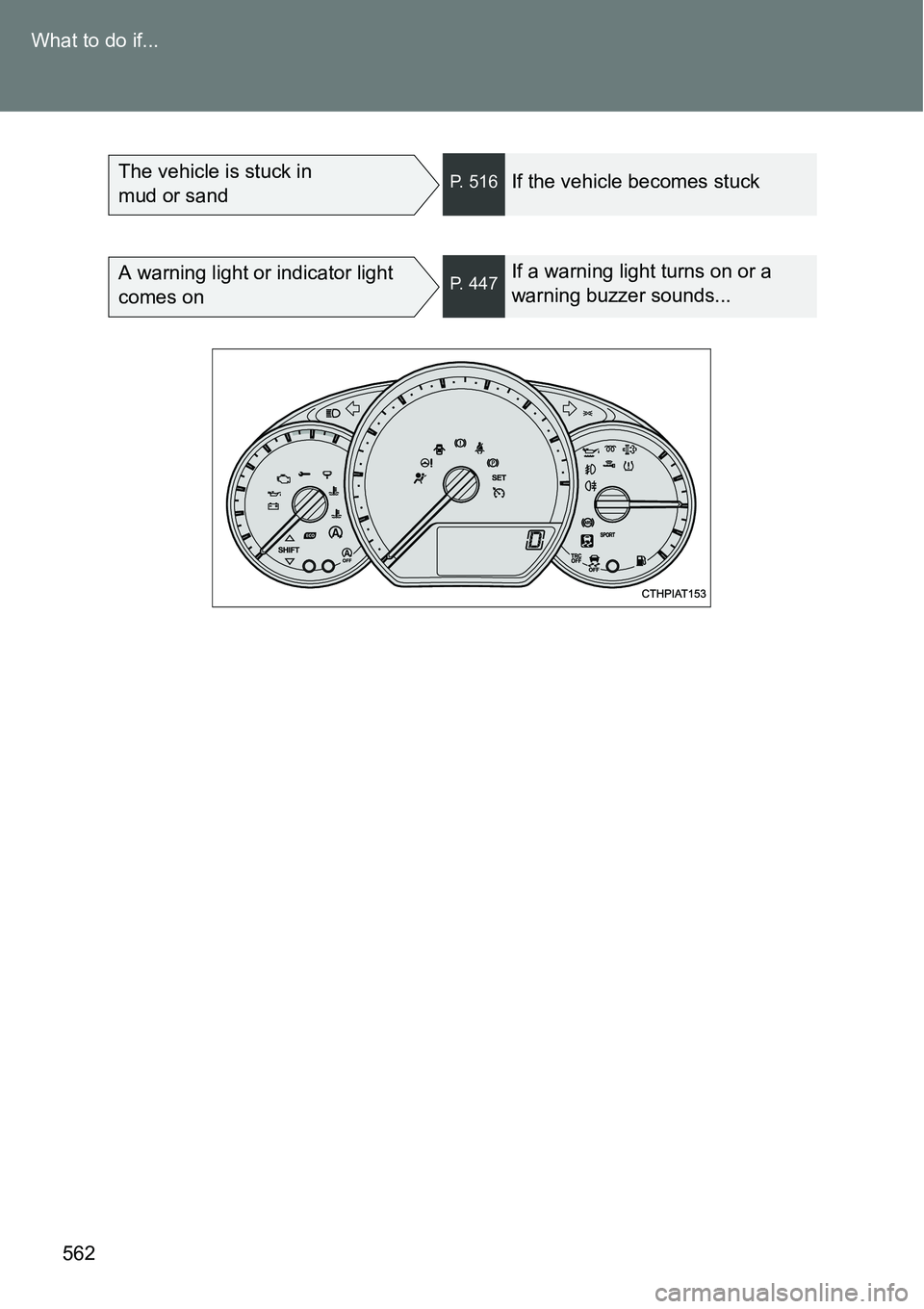 TOYOTA VERSO S 2015  Owners Manual 562 What to do if...
The vehicle is stuck in 
mud or sandP. 516If the vehicle becomes stuck
A warning light or indicator light 
comes onP. 447If a warning light turns on or a 
warning buzzer sounds...