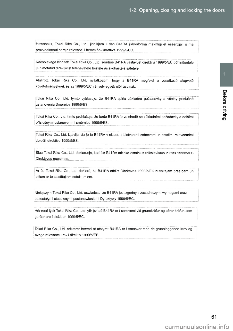 TOYOTA VERSO S 2015 Repair Manual 61 1-2. Opening, closing and locking the doors
1
Before driving 