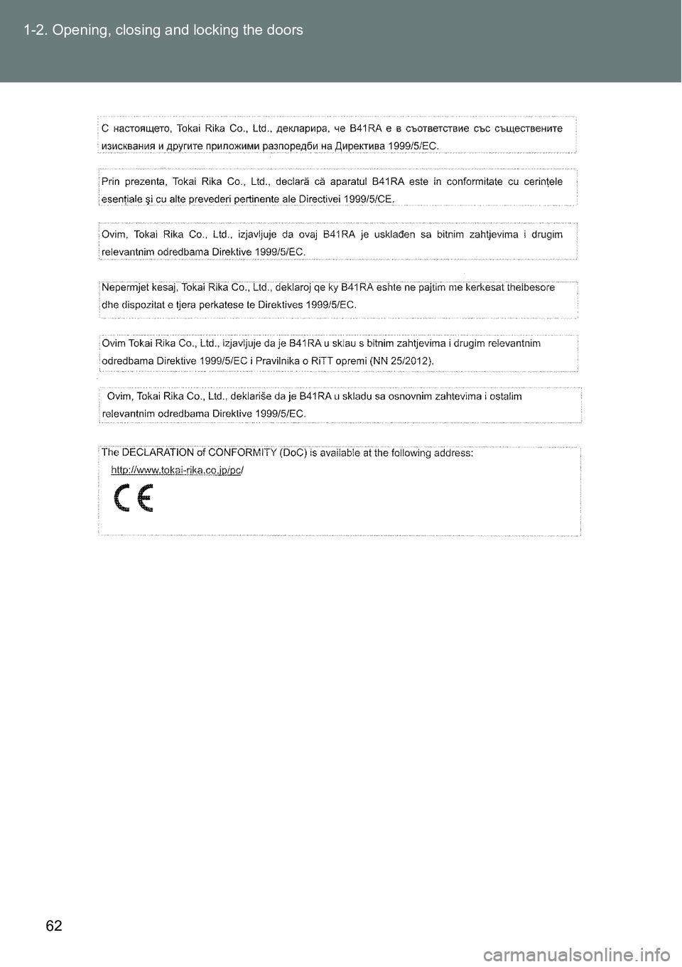 TOYOTA VERSO S 2015 Repair Manual 62 1-2. Opening, closing and locking the doors 