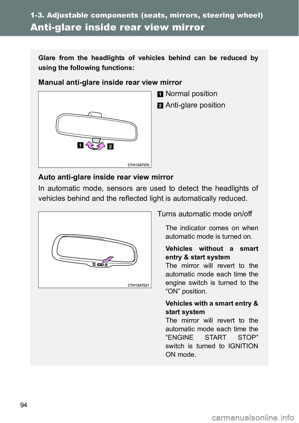 TOYOTA VERSO S 2015 Owners Manual 94
1-3. Adjustable components (seats, mirrors, steering wheel)
Anti-glare inside rear view mirror
Glare from the headlights of vehicles behind can be reduced by
using the following functions:
Manual a TOYOTA VERSO S 2015 Owners Manual 94
1-3. Adjustable components (seats, mirrors, steering wheel)
Anti-glare inside rear view mirror
Glare from the headlights of vehicles behind can be reduced by
using the following functions:
Manual a