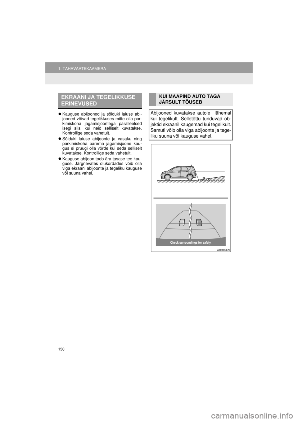 TOYOTA VERSO S 2015  Kasutusjuhend (in Estonian) 
150
1. TAHAVAATEKAAMERA
OM52E94EE_Verso-S Touch2_Go_140417_INS
�zKauguse abijooned ja sõiduki laiuse abi-
jooned võivad tegelikkuses mitte olla par-
kimiskoha jagamisjoontega paralleelsed
isegi sii