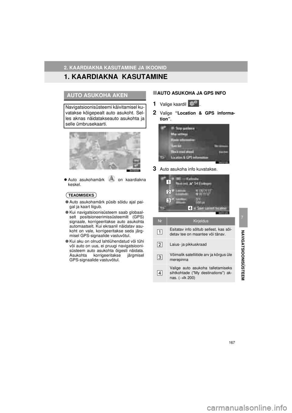 TOYOTA VERSO S 2015  Kasutusjuhend (in Estonian) 
167
OM52E94EE_Verso-S Touch2_Go_140417_INS
7
NAVIGATSIOONISÜSTEEM
2. KAARDIAKNA KASUTAMINE JA IKOONID
1. KAARDIAKNA  KASUTAMINE
�zAuto asukohamärk   on kaardiakna
keskel.
■AUTO ASUKOHA JA GPS INF