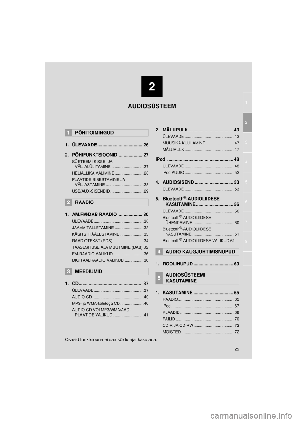 TOYOTA VERSO S 2015  Kasutusjuhend (in Estonian) 
2
25
1
4
3
2
5
6
OM52E94EE_Verso-S Touch2_Go_140417_INS
7
8
1. ÜLEVAADE .................................... 26
2. PÕHIFUNKTSIOONID.................... 27
SÜSTEEMI SISSE- JA VÄLJALÜLITAMINE ....
