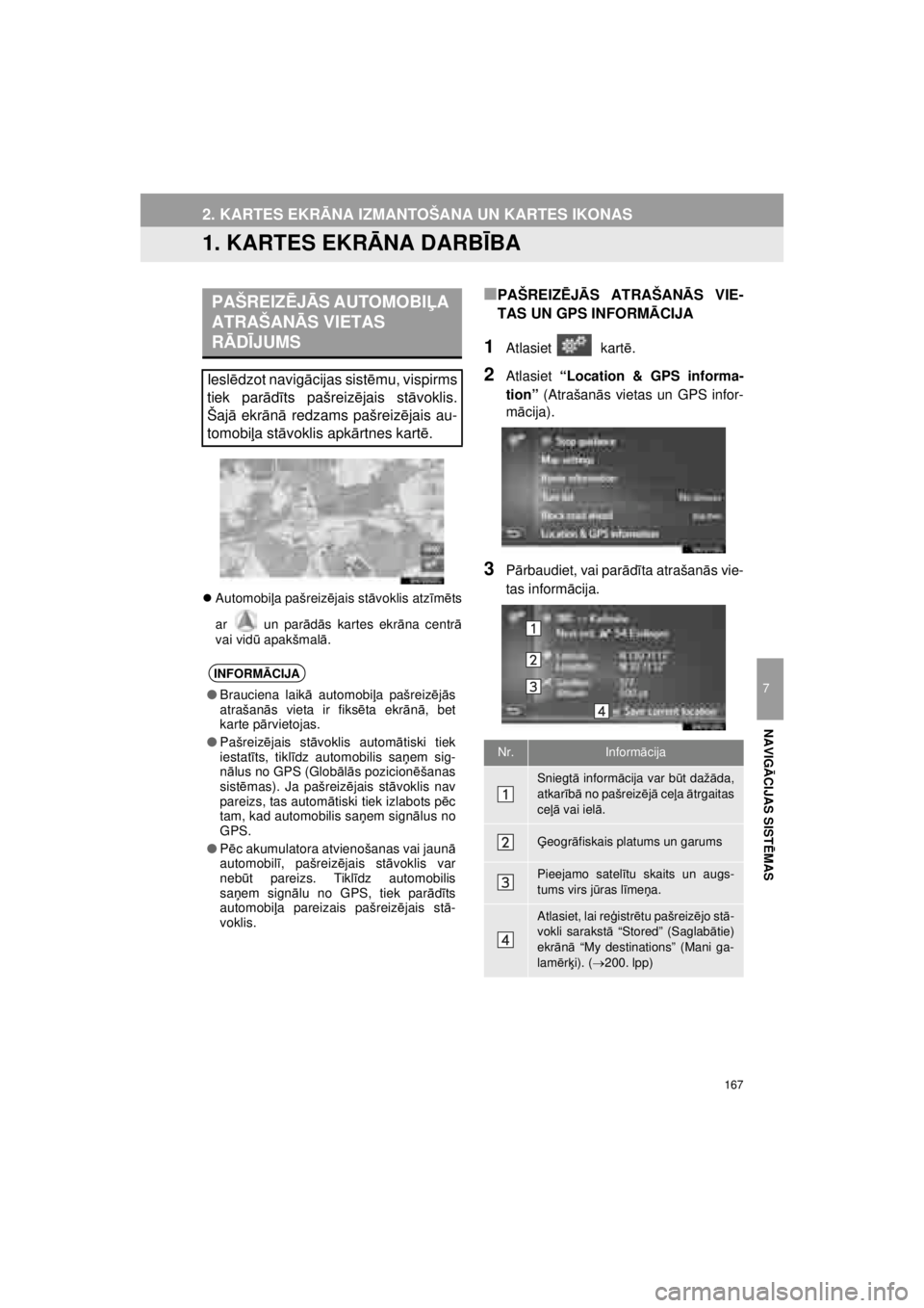 TOYOTA VERSO S 2015  Lietošanas Instrukcija (in Latvian) 
167
OM52E94LV_Verso-STouch2_Go
7
NAVIGĀCIJAS SIST ĒMAS
2. KARTES EKR ĀNA IZMANTOŠANA UN KARTES IKONAS
1. KARTES EKR ĀNA DARB ĪBA
�z Automobi ļa pašreiz ējais st āvoklis atz īm ēts
ar   un