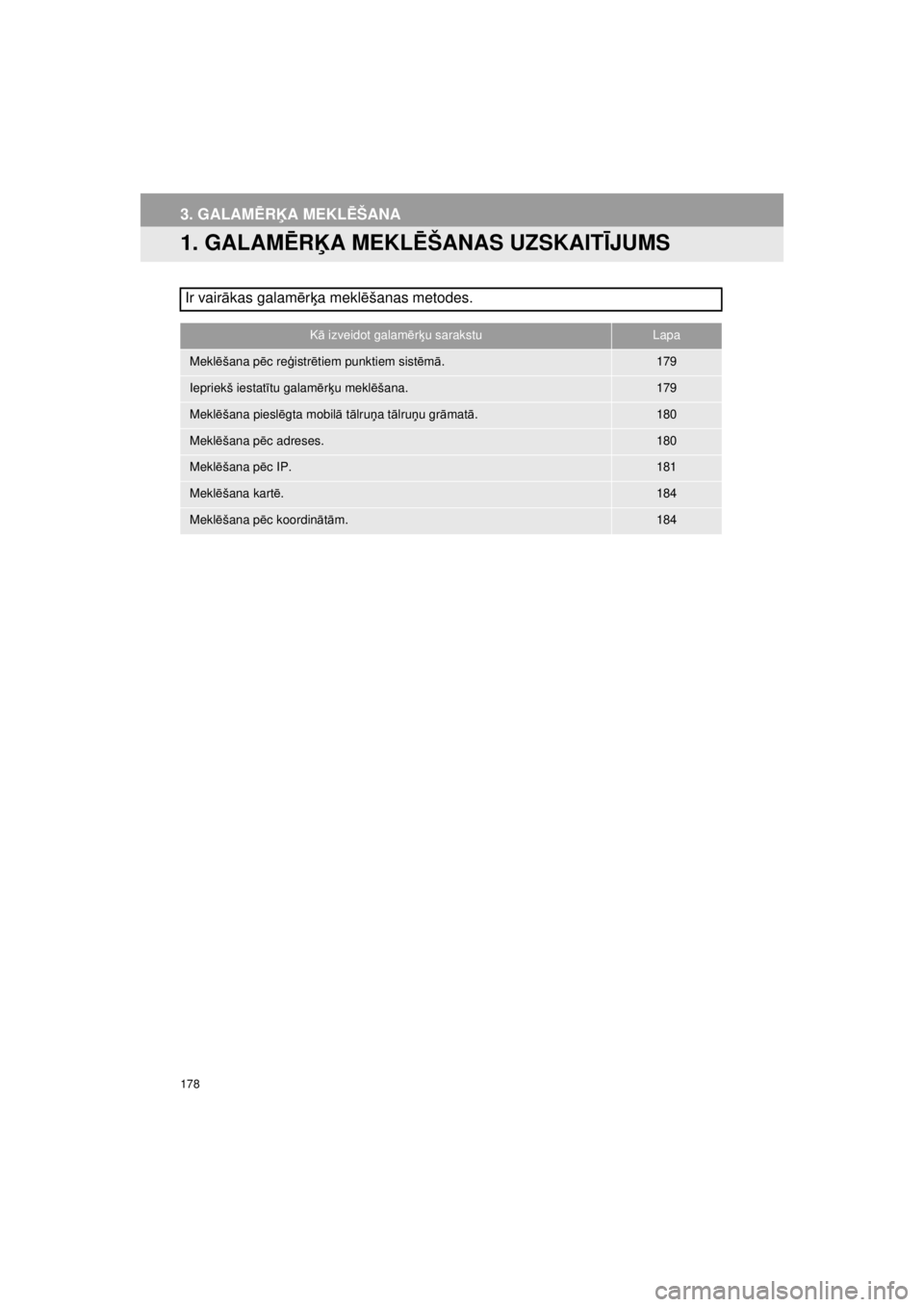 TOYOTA VERSO S 2015  Lietošanas Instrukcija (in Latvian) 
178
OM52E94LV_Verso-STouch2_Go
3. GALAMĒR ĶA MEKL ĒŠANA
1. GALAM ĒR Ķ A MEKL ĒŠANAS UZSKAIT ĪJUMS
Ir vair ākas galam ērķ a mekl ēšanas metodes.
K ā izveidot galam ērķ u sarakstuLapa
