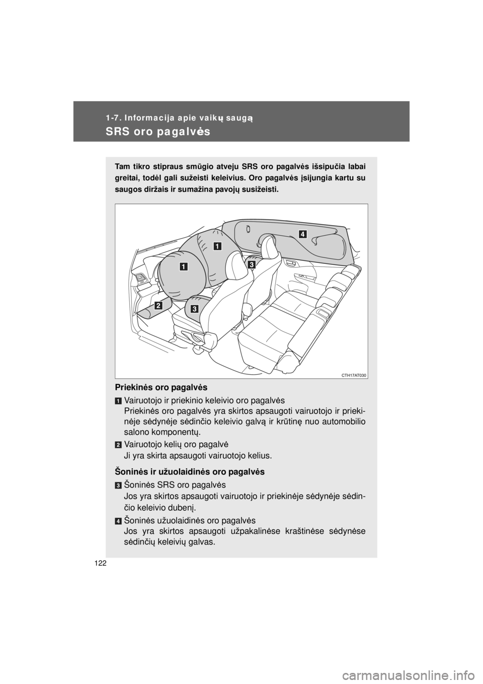 TOYOTA VERSO S 2015 Eksploatavimo vadovas (in Lithuanian)
122
1-7. Informacija apie vaikų saug ą
OM52E39LT_VERSO-S_140417_INS
SRS oro pagalv ės
Tam tikro stipraus sm ūgio atveju SRS oro pagalv ės išsipu čia labai
greitai, tod ėl gali sužeisti kelei TOYOTA VERSO S 2015 Eksploatavimo vadovas (in Lithuanian)
122
1-7. Informacija apie vaikų saug ą
OM52E39LT_VERSO-S_140417_INS
SRS oro pagalv ės
Tam tikro stipraus sm ūgio atveju SRS oro pagalv ės išsipu čia labai
greitai, tod ėl gali sužeisti kelei