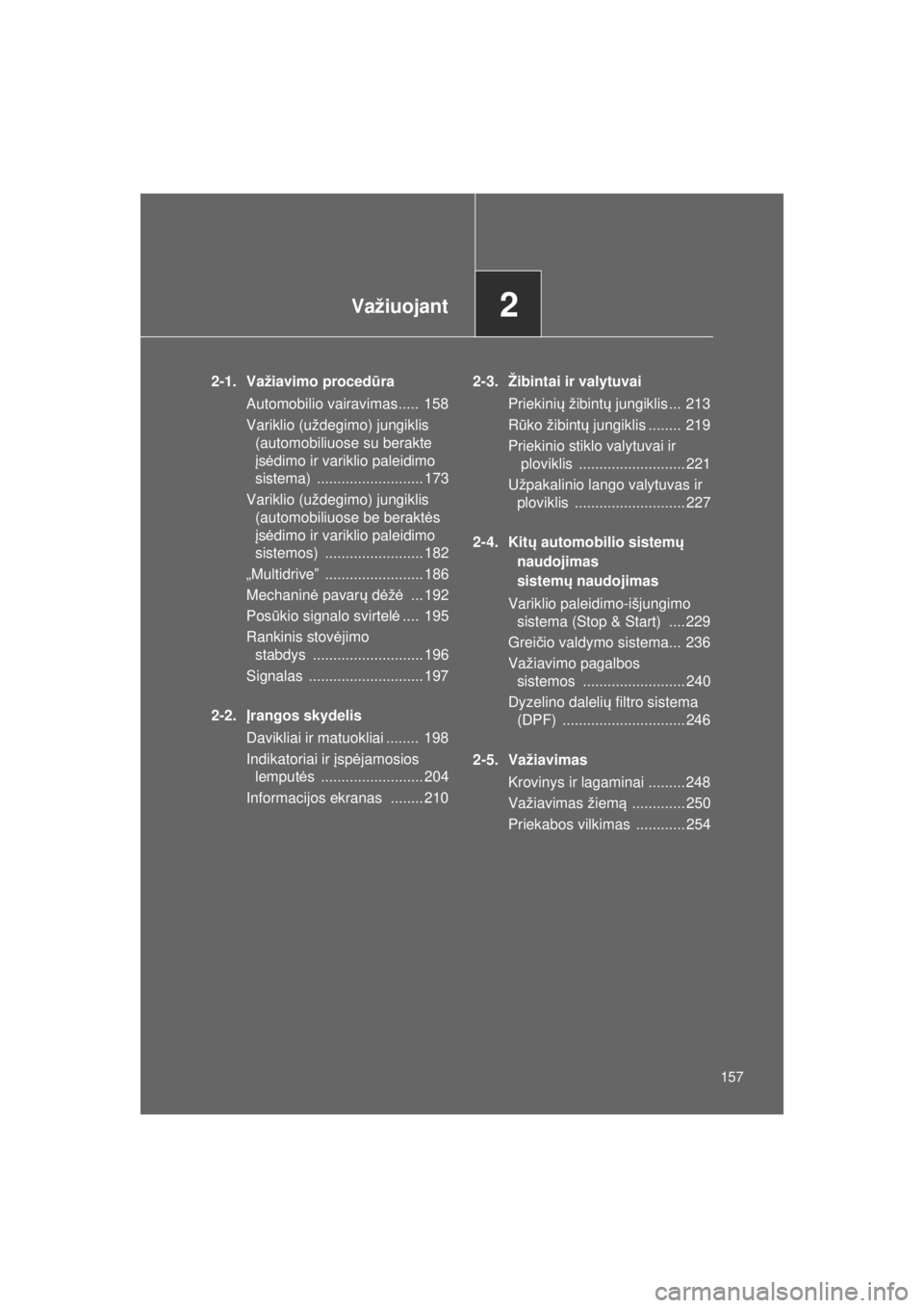 TOYOTA VERSO S 2015 Eksploatavimo vadovas (in Lithuanian)
2Važiuojant
157
OM52E39LT_VERSO-S_140417_INS
2-1. Važiavimo procedūra
Automobilio vairavimas..... 158
Variklio (uždegimo) jungiklis (automobiliuose su berakte
įs ė dimo ir variklio paleidimo TOYOTA VERSO S 2015 Eksploatavimo vadovas (in Lithuanian)
2Važiuojant
157
OM52E39LT_VERSO-S_140417_INS
2-1. Važiavimo procedūra
Automobilio vairavimas..... 158
Variklio (uždegimo) jungiklis (automobiliuose su berakte
įs ė dimo ir variklio paleidimo