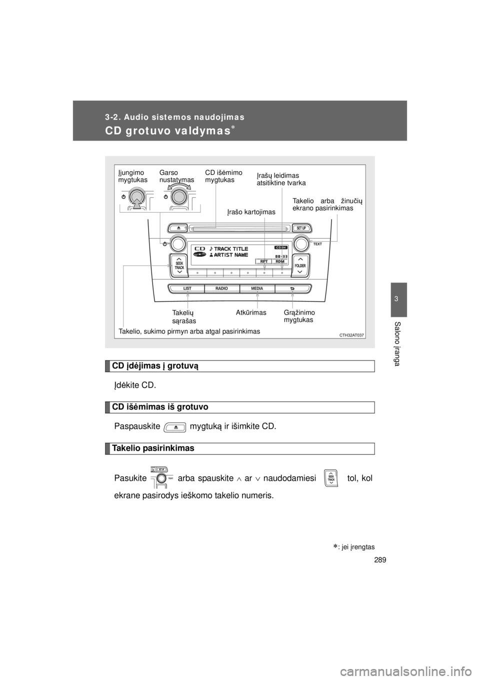 TOYOTA VERSO S 2015 Eksploatavimo vadovas (in Lithuanian)
289
3-2. Audio sistemos naudojimas
3
Salono įranga
OM52E39LT_VERSO-S_140417_INS
CD grotuvo valdymas∗
CD įd ėjimas į grotuv ą
Į d ė kite CD.
CD iš ėmimas iš grotuvo
Paspauskite mygtuk TOYOTA VERSO S 2015 Eksploatavimo vadovas (in Lithuanian)
289
3-2. Audio sistemos naudojimas
3
Salono įranga
OM52E39LT_VERSO-S_140417_INS
CD grotuvo valdymas∗
CD įd ėjimas į grotuv ą
Į d ė kite CD.
CD iš ėmimas iš grotuvo
Paspauskite mygtuk