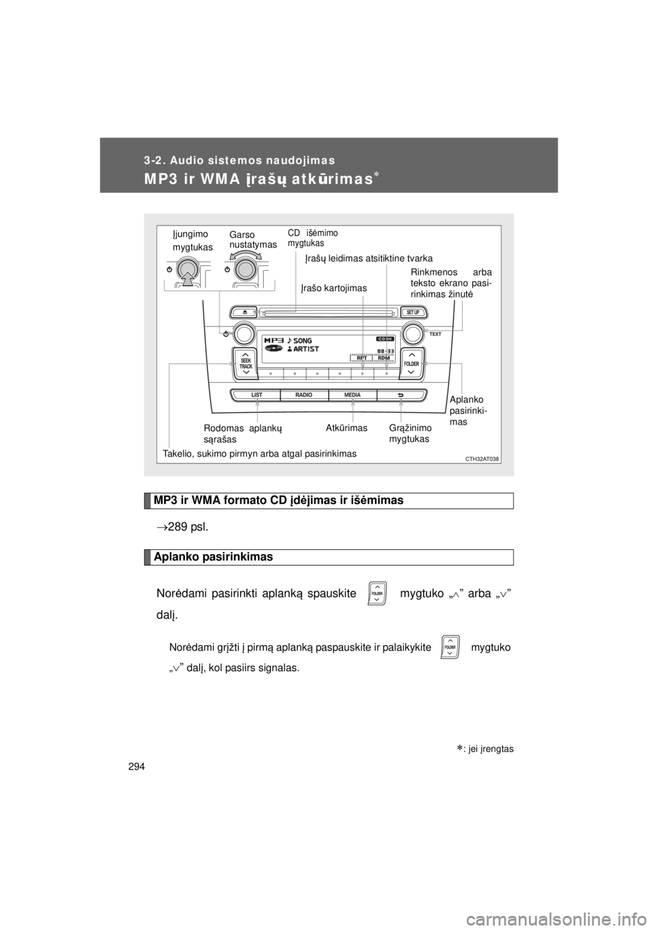 TOYOTA VERSO S 2015 Eksploatavimo vadovas (in Lithuanian)
294
3-2. Audio sistemos naudojimas
OM52E39LT_VERSO-S_140417_INS
MP3 ir WMA įraš ų atk ūrimas∗
MP3 ir WMA formato CD įd ėjimas ir iš ėmimas
→ 289 psl.
Aplanko pasirinkimas
Nor ėdami pasi TOYOTA VERSO S 2015 Eksploatavimo vadovas (in Lithuanian)
294
3-2. Audio sistemos naudojimas
OM52E39LT_VERSO-S_140417_INS
MP3 ir WMA įraš ų atk ūrimas∗
MP3 ir WMA formato CD įd ėjimas ir iš ėmimas
→ 289 psl.
Aplanko pasirinkimas
Nor ėdami pasi