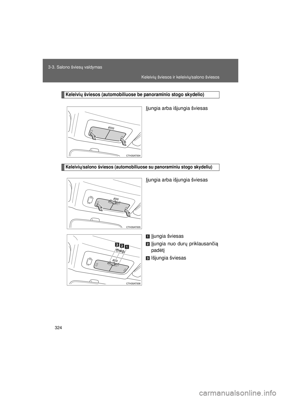 TOYOTA VERSO S 2015 Eksploatavimo vadovas (in Lithuanian)
324
3-3. Salono švies
ų valdymas
OM52E39LT_VERSO-S_140417_INS
Keleivi ų šviesos (automobiliuose be panoraminio stogo skydelio)
Įjungia arba išjungia šviesas
Keleivi ų/salono šviesos (automob TOYOTA VERSO S 2015 Eksploatavimo vadovas (in Lithuanian)
324
3-3. Salono švies
ų valdymas
OM52E39LT_VERSO-S_140417_INS
Keleivi ų šviesos (automobiliuose be panoraminio stogo skydelio)
Įjungia arba išjungia šviesas
Keleivi ų/salono šviesos (automob