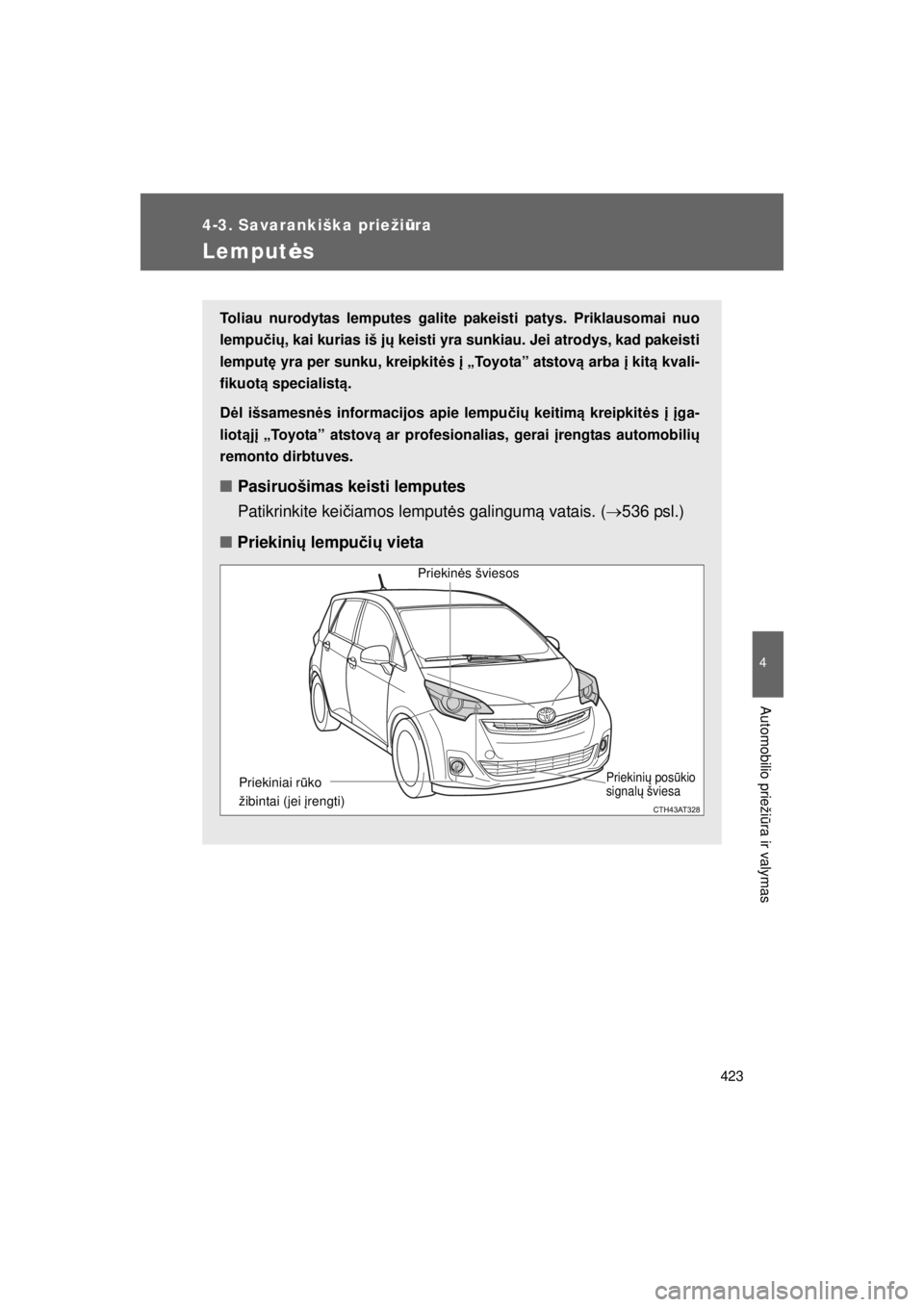TOYOTA VERSO S 2015 Eksploatavimo vadovas (in Lithuanian)
423
4-3. Savarankiška priežiūra
4
Automobilio prieži ūra ir valymas
OM52E39LT_VERSO-S_140417_INS
Lemput ės
Toliau nurodytas lemputes galite pakeisti patys. Priklausomai nuo
lempu čių , kai ku TOYOTA VERSO S 2015 Eksploatavimo vadovas (in Lithuanian)
423
4-3. Savarankiška priežiūra
4
Automobilio prieži ūra ir valymas
OM52E39LT_VERSO-S_140417_INS
Lemput ės
Toliau nurodytas lemputes galite pakeisti patys. Priklausomai nuo
lempu čių , kai ku