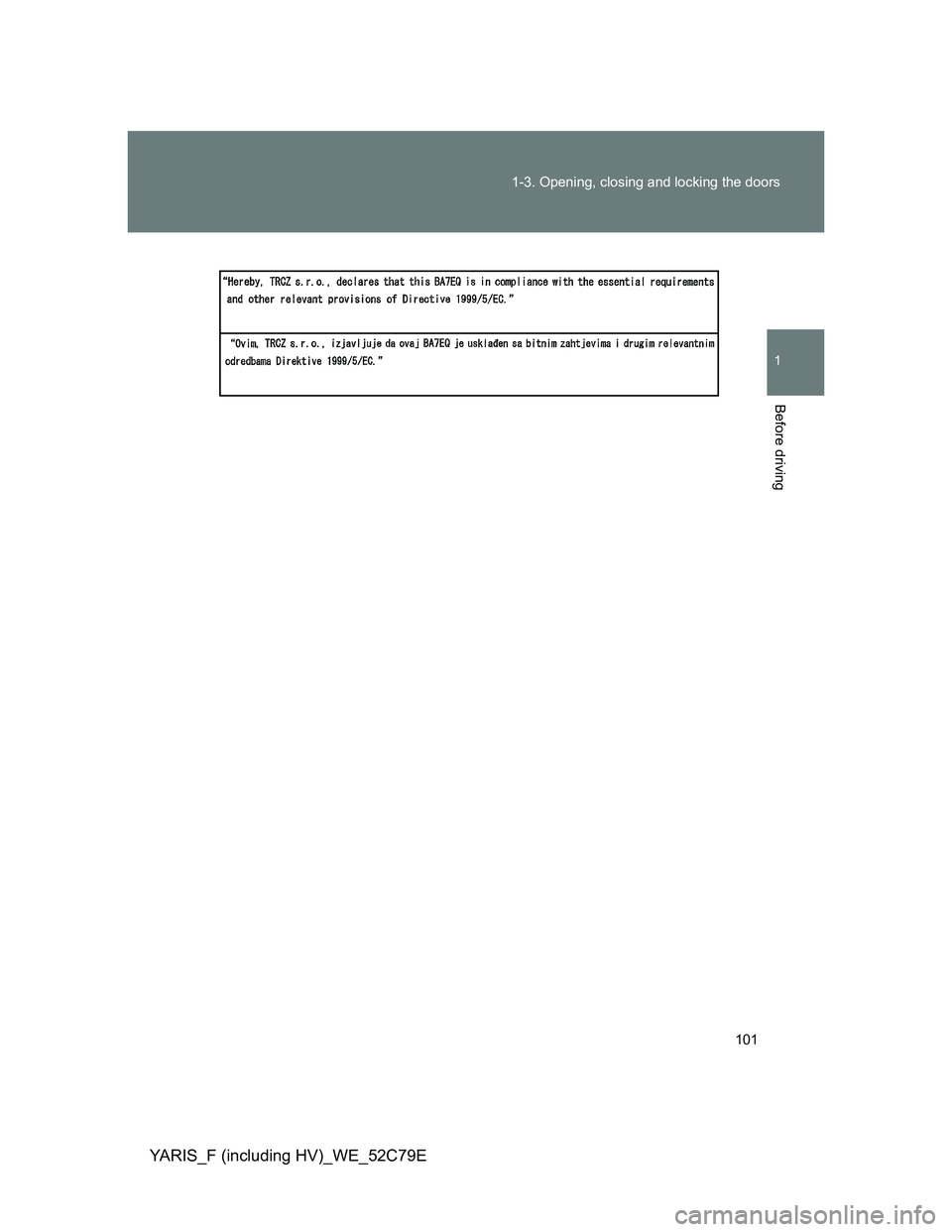 TOYOTA YARIS 2012  Owners Manual 101 1-3. Opening, closing and locking the doors
1
Before driving
YARIS_F (including HV)_WE_52C79E 