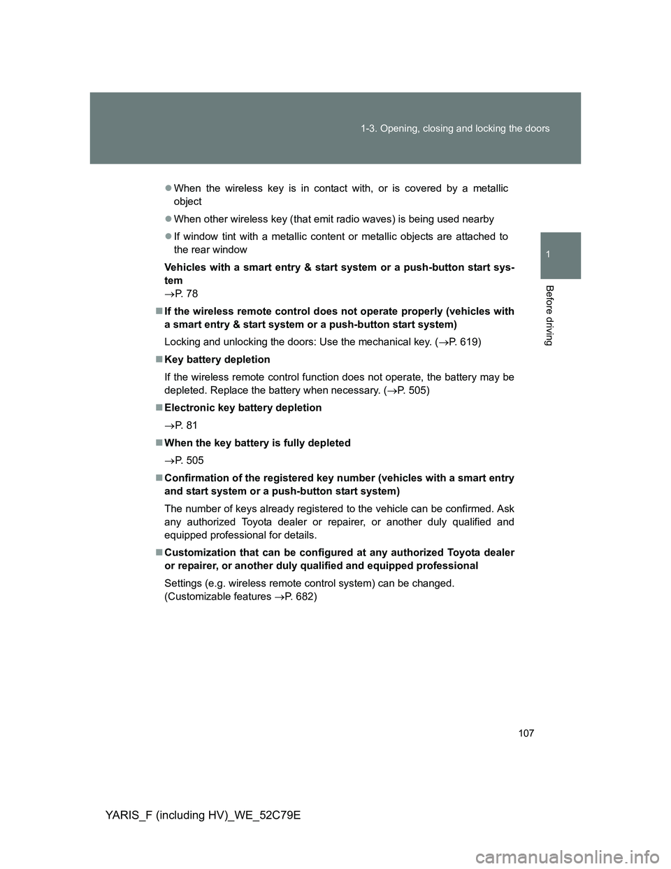 TOYOTA YARIS 2012  Owners Manual 107 1-3. Opening, closing and locking the doors
1
Before driving
YARIS_F (including HV)_WE_52C79E
When the wireless key is in contact with, or is covered by a metallic
object
When other wireless