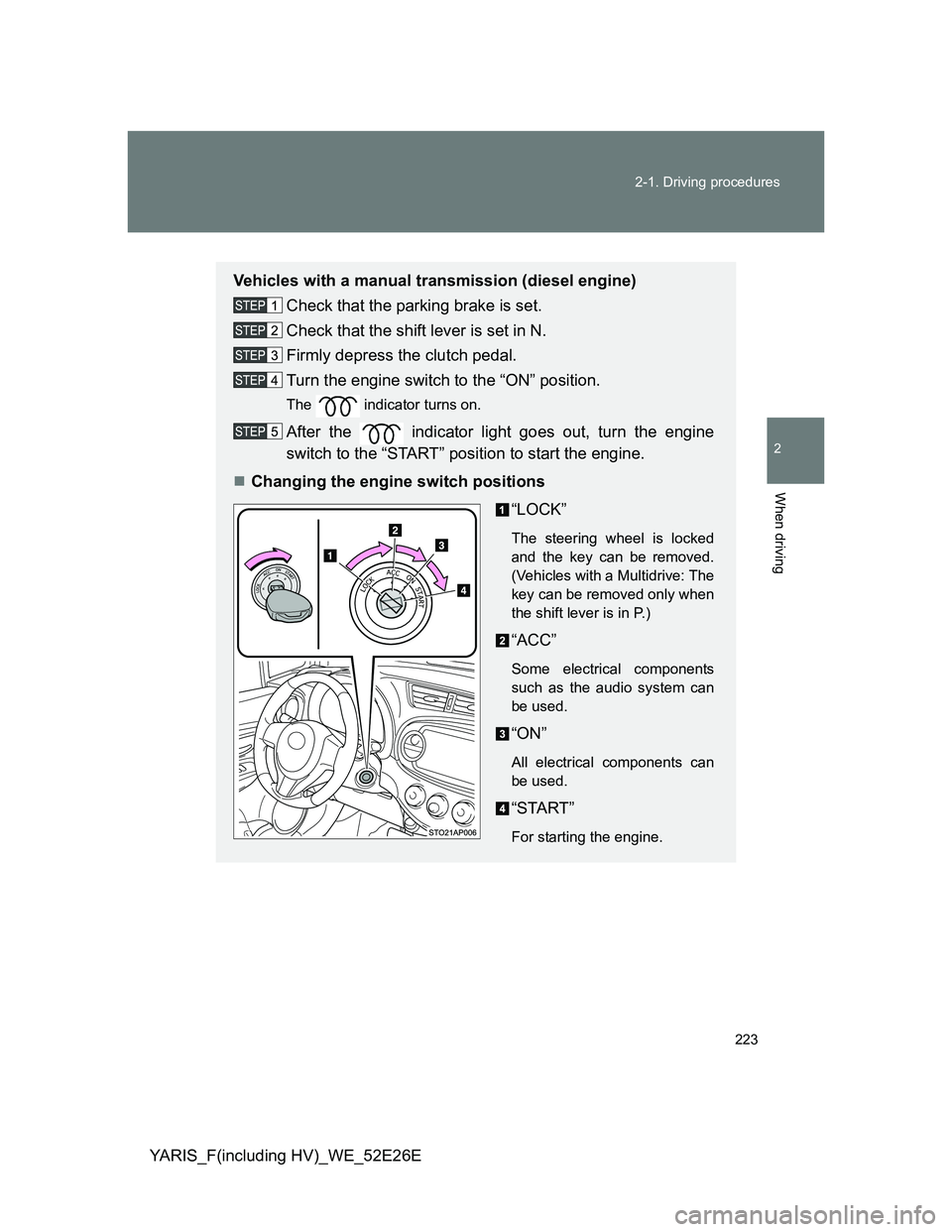 TOYOTA YARIS 2013  Owners Manual 223 2-1. Driving procedures
2
When driving
YARIS_F(including HV)_WE_52E26E
Vehicles with a manual transmission (diesel engine)
Check that the parking brake is set.
Check that the shift lever is set in