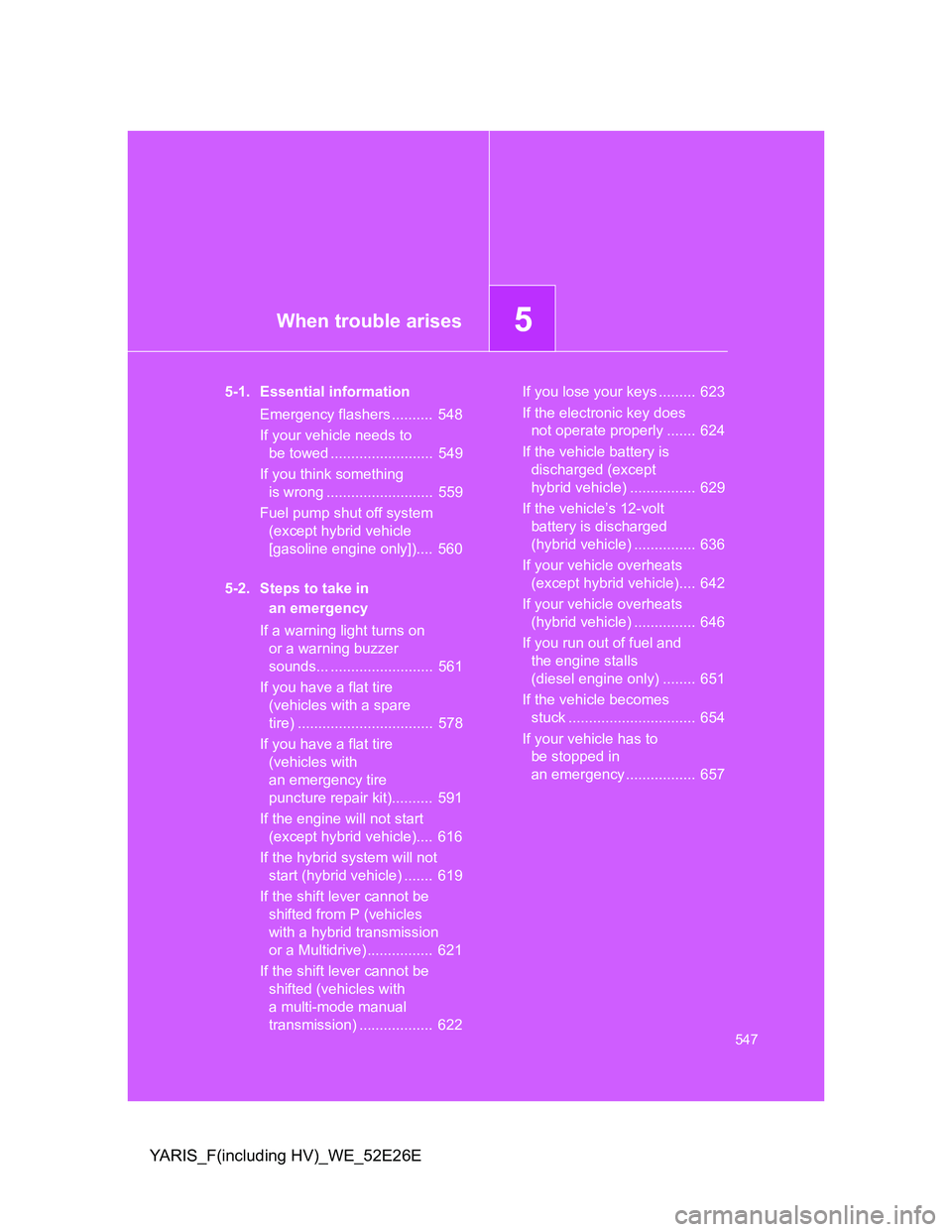 TOYOTA YARIS 2013 Owners Manual 5When trouble arises
547
YARIS_F(including HV)_WE_52E26E
5-1. Essential information
Emergency flashers .......... 548
If your vehicle needs to
be towed ......................... 549
If you think so TOYOTA YARIS 2013 Owners Manual 5When trouble arises
547
YARIS_F(including HV)_WE_52E26E
5-1. Essential information
Emergency flashers .......... 548
If your vehicle needs to
be towed ......................... 549
If you think so