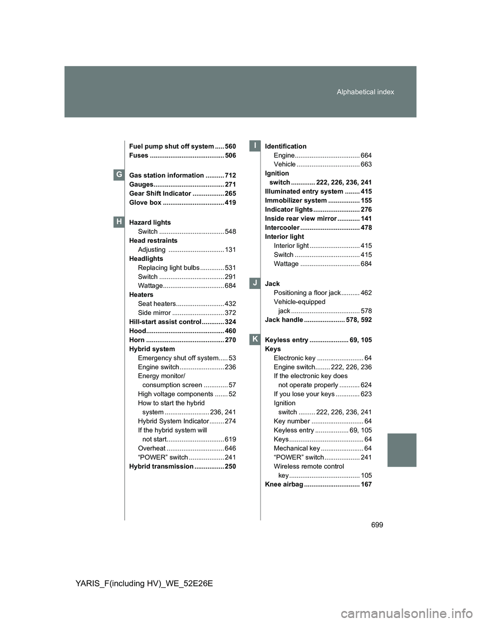 TOYOTA YARIS 2013 Owners Manual 699 Alphabetical index
YARIS_F(including HV)_WE_52E26E
Fuel pump shut off system ..... 560
Fuses ........................................ 506
Gas station information .......... 712
Gauges............. TOYOTA YARIS 2013 Owners Manual 699 Alphabetical index
YARIS_F(including HV)_WE_52E26E
Fuel pump shut off system ..... 560
Fuses ........................................ 506
Gas station information .......... 712
Gauges.............