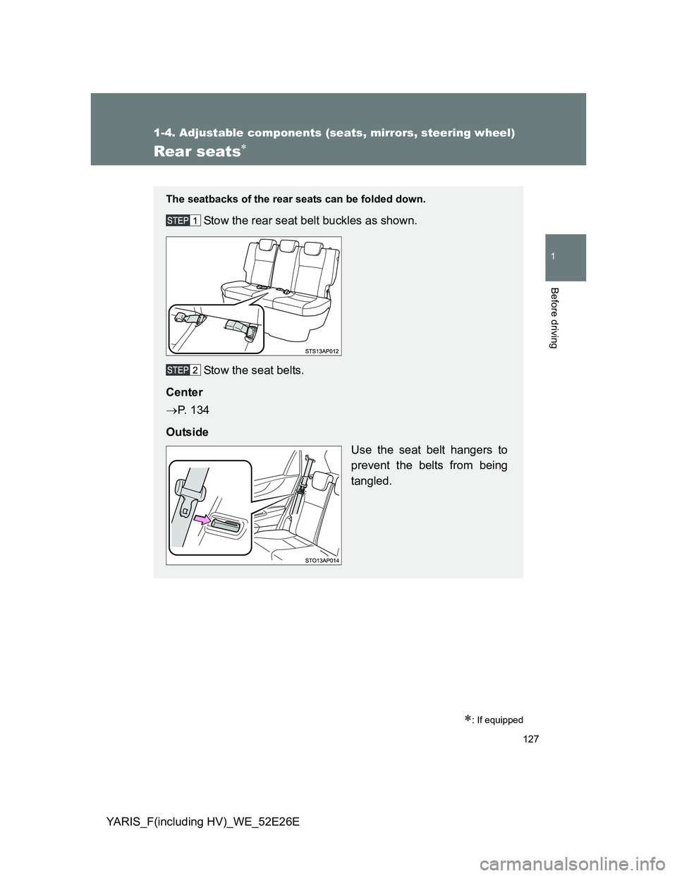 TOYOTA YARIS 2014  Owners Manual 127
1
1-4. Adjustable components (seats, mirrors, steering wheel)
Before driving
YARIS_F(including HV)_WE_52E26E
Rear seats
: If equipped
The seatbacks of the rear seats can be folded down.
Stow