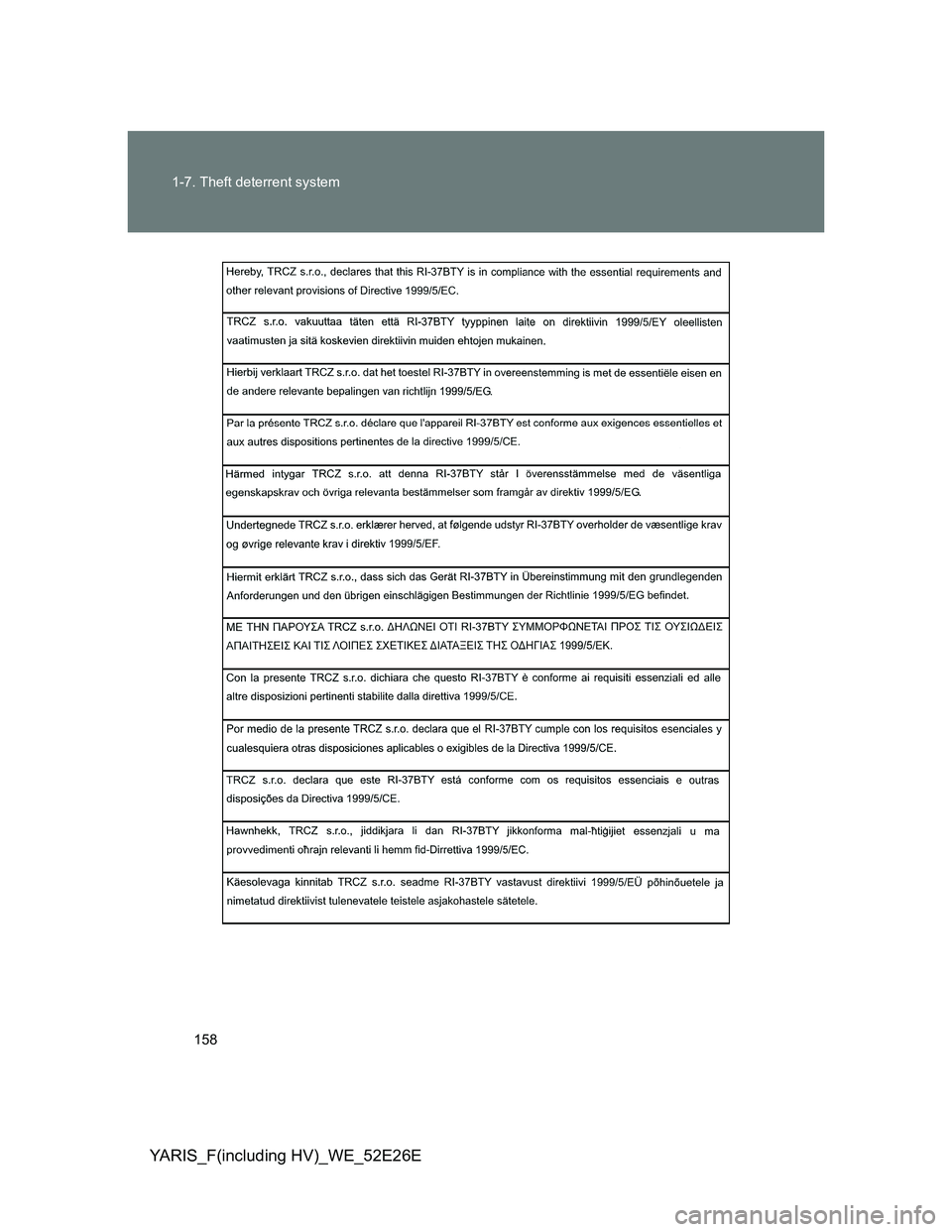 TOYOTA YARIS 2014  Owners Manual 158 1-7. Theft deterrent system
YARIS_F(including HV)_WE_52E26E 