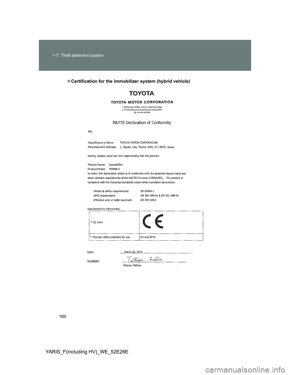TOYOTA YARIS 2014  Owners Manual 160 1-7. Theft deterrent system
YARIS_F(including HV)_WE_52E26E
Certification for the immobilizer system (hybrid vehicle) 