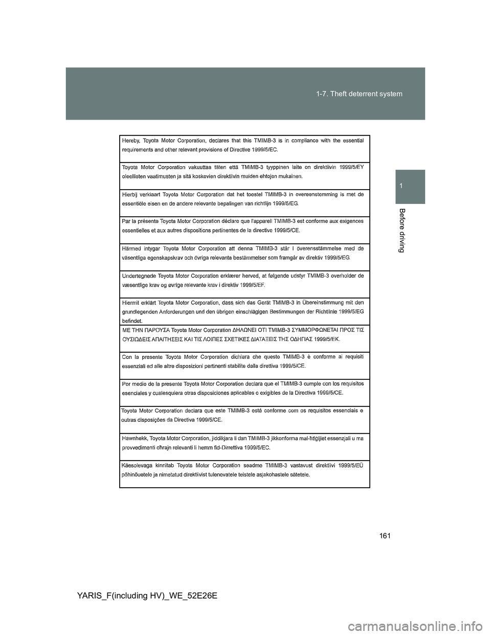 TOYOTA YARIS 2014  Owners Manual 161 1-7. Theft deterrent system
1
Before driving
YARIS_F(including HV)_WE_52E26E 