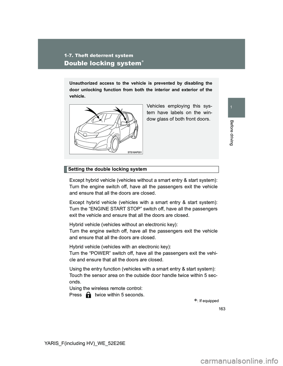 TOYOTA YARIS 2014  Owners Manual 163
1
1-7. Theft deterrent system
Before driving
YARIS_F(including HV)_WE_52E26E
Double locking system
Setting the double locking system
Except hybrid vehicle (vehicles without a smart entry & star