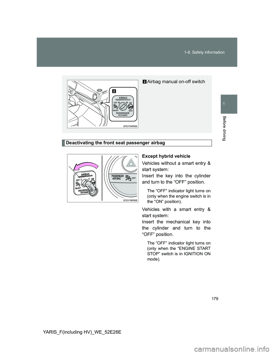 TOYOTA YARIS 2014  Owners Manual 179 1-8. Safety information
1
Before driving
YARIS_F(including HV)_WE_52E26E
Deactivating the front seat passenger airbag
Except hybrid vehicle
Vehicles without a smart entry &
start system: 
Insert t