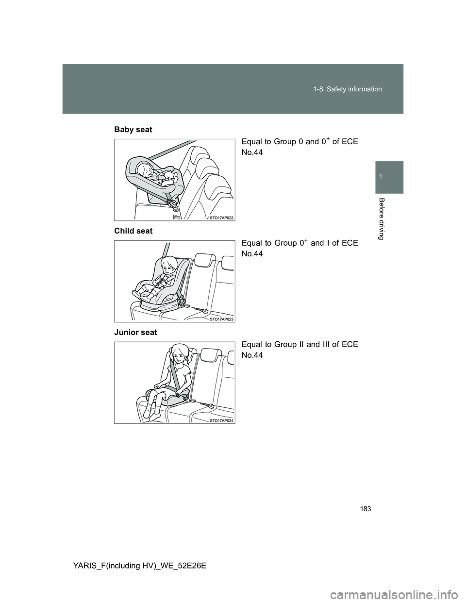 TOYOTA YARIS 2014  Owners Manual 183 1-8. Safety information
1
Before driving
YARIS_F(including HV)_WE_52E26EBaby seat
Equal to Group 0 and 0
+ of ECE
No.44
Child seat
Equal to Group 0
+ and I of ECE
No.44
Junior seat
Equal to Group 