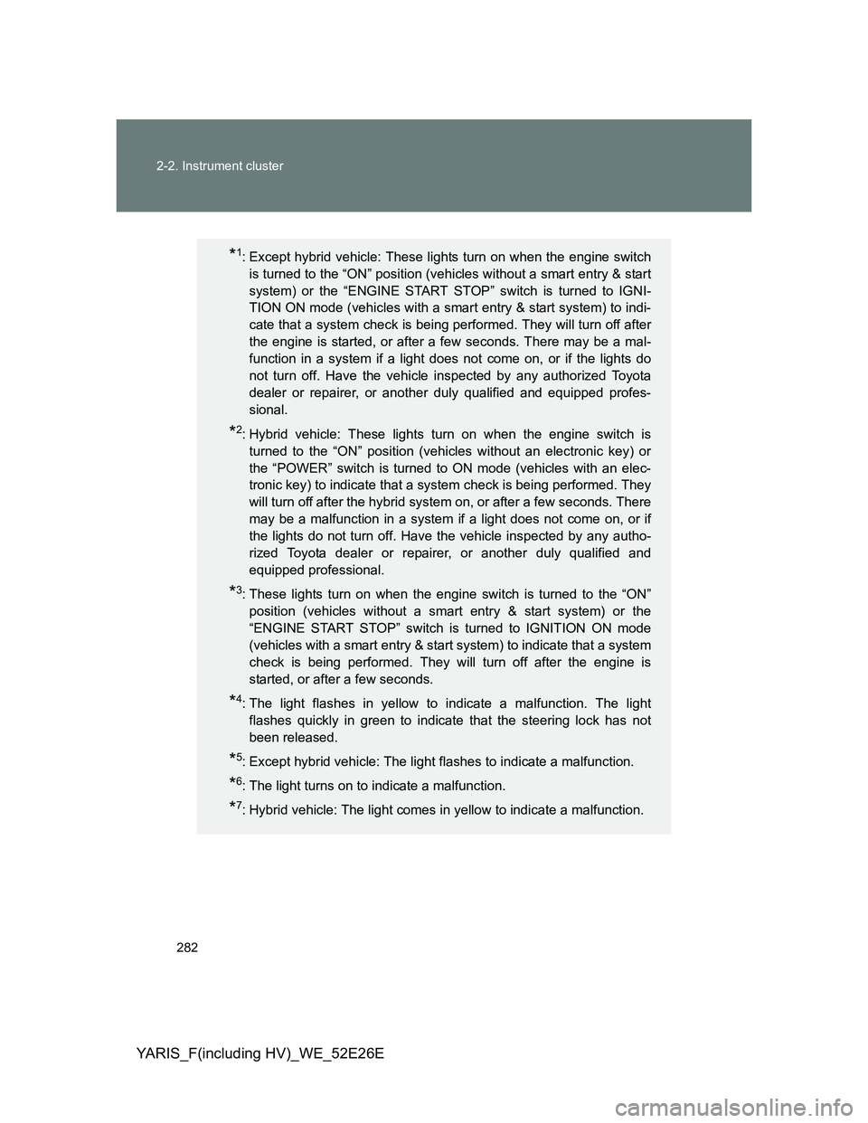 TOYOTA YARIS 2014 Owners Manual 282 2-2. Instrument cluster
YARIS_F(including HV)_WE_52E26E
*1: Except hybrid vehicle: These lights turn on when the engine switch
is turned to the “ON” position (vehicles without a smart entry & TOYOTA YARIS 2014 Owners Manual 282 2-2. Instrument cluster
YARIS_F(including HV)_WE_52E26E
*1: Except hybrid vehicle: These lights turn on when the engine switch
is turned to the “ON” position (vehicles without a smart entry &
