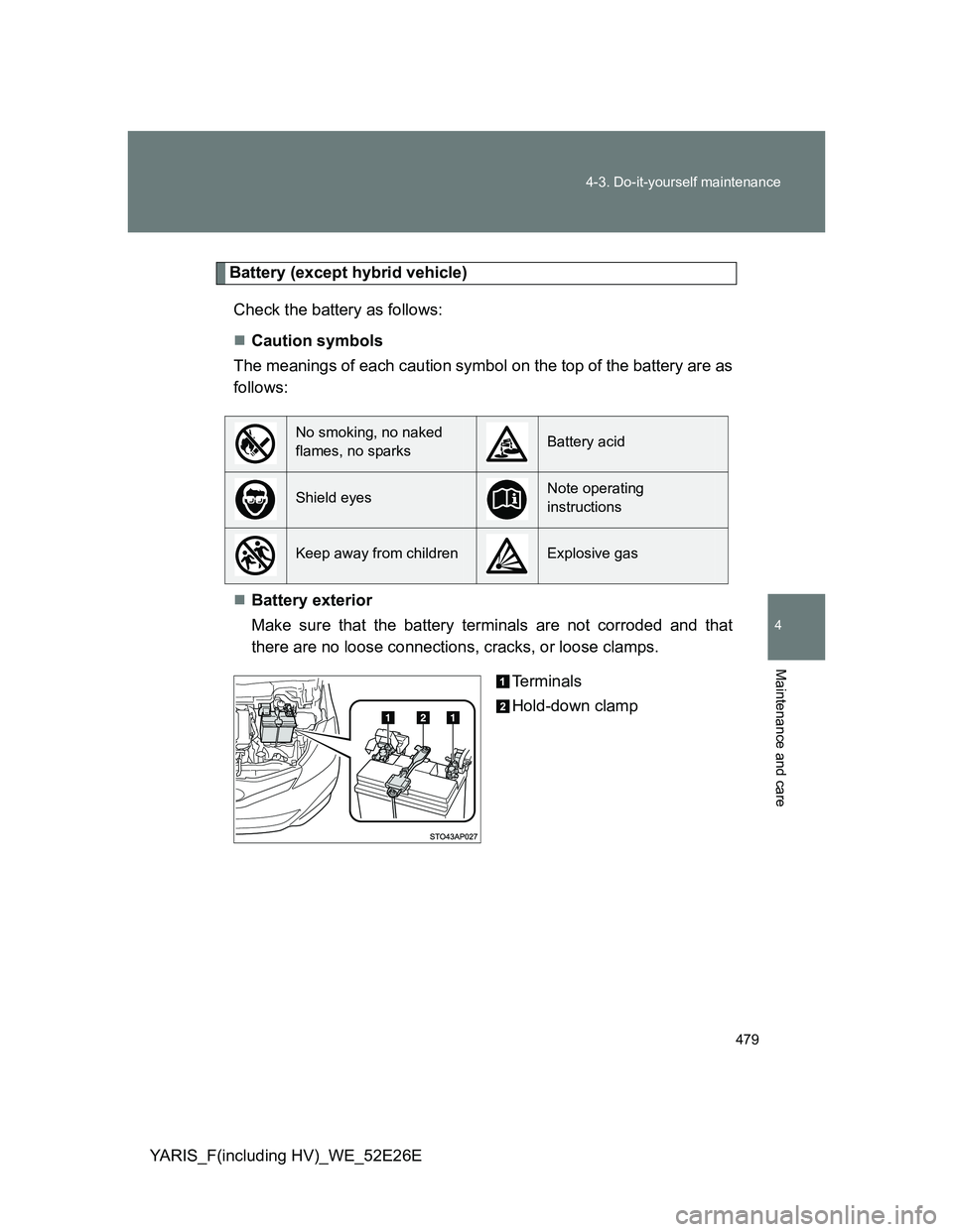 TOYOTA YARIS 2014  Owners Manual 479 4-3. Do-it-yourself maintenance
4
Maintenance and care
YARIS_F(including HV)_WE_52E26E
Battery (except hybrid vehicle)
Check the battery as follows:
Caution symbols
The meanings of each caution