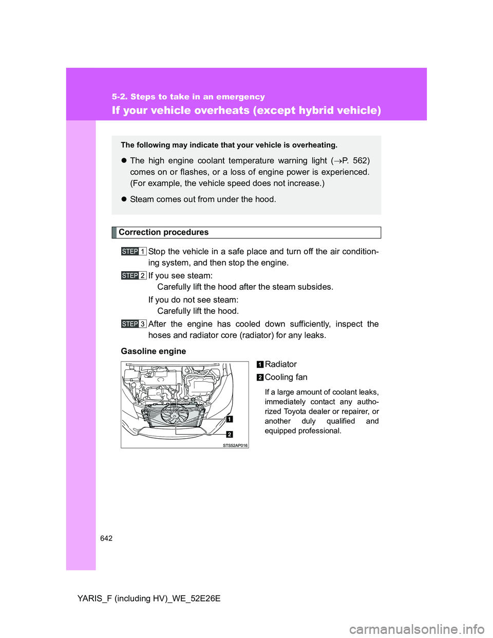 TOYOTA YARIS 2014 Owners Manual 642
5-2. Steps to take in an emergency
YARIS_F (including HV)_WE_52E26E
If your vehicle overheats (except hybrid vehicle)
Correction procedures
Stop the vehicle in a safe place and turn off the air co TOYOTA YARIS 2014 Owners Manual 642
5-2. Steps to take in an emergency
YARIS_F (including HV)_WE_52E26E
If your vehicle overheats (except hybrid vehicle)
Correction procedures
Stop the vehicle in a safe place and turn off the air co