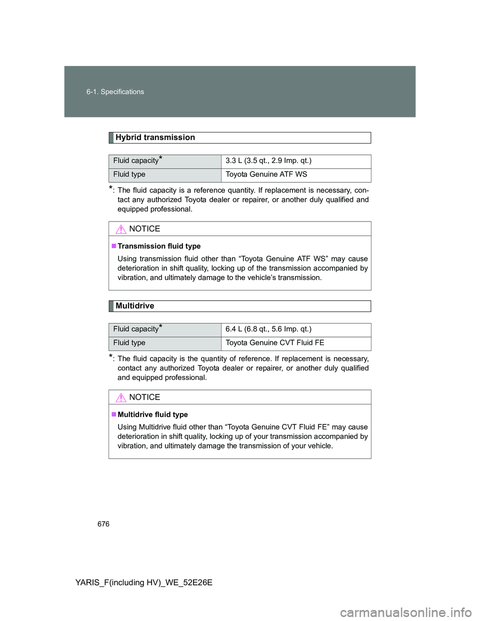 TOYOTA YARIS 2014  Owners Manual 676 6-1. Specifications
YARIS_F(including HV)_WE_52E26E
Hybrid transmission
*: The fluid capacity is a reference quantity. If replacement is necessary, con-
tact any authorized Toyota dealer or repair