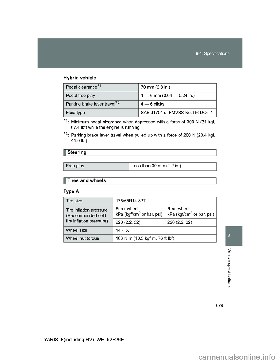 TOYOTA YARIS 2014  Owners Manual 679 6-1. Specifications
6
Vehicle specifications
YARIS_F(including HV)_WE_52E26EHybrid vehicle
*1: Minimum pedal clearance when depressed with a force of 300 N (31 kgf,
67.4 lbf) while the engine is r