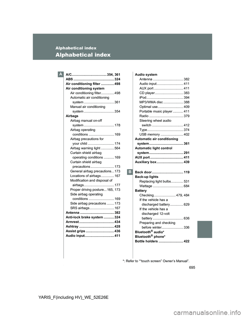 TOYOTA YARIS 2014  Owners Manual 695
YARIS_F(including HV)_WE_52E26E
Alphabetical index
Alphabetical index
A/C..................................... 354, 361
ABS ........................................... 324
Air conditioning filter 