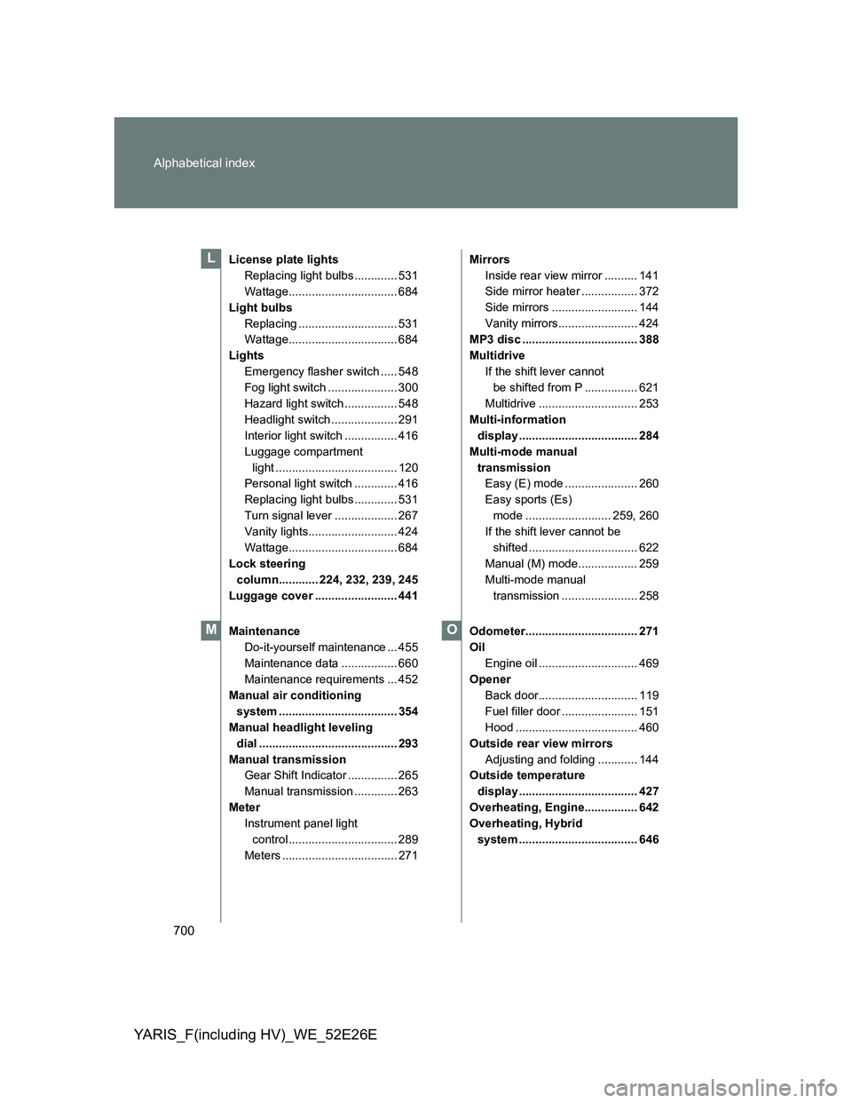 TOYOTA YARIS 2014  Owners Manual 700 Alphabetical index
YARIS_F(including HV)_WE_52E26E
License plate lights
Replacing light bulbs ............. 531
Wattage................................. 684
Light bulbs
Replacing .................