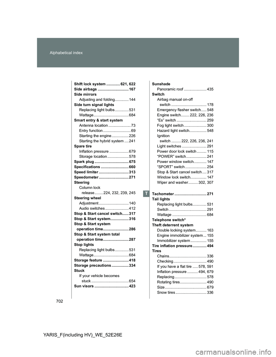 TOYOTA YARIS 2014 Owners Manual 702 Alphabetical index
YARIS_F(including HV)_WE_52E26E
Shift lock system ............. 621, 622
Side airbags ............................. 167
Side mirrors
Adjusting and folding............. 144
Side TOYOTA YARIS 2014 Owners Manual 702 Alphabetical index
YARIS_F(including HV)_WE_52E26E
Shift lock system ............. 621, 622
Side airbags ............................. 167
Side mirrors
Adjusting and folding............. 144
Side