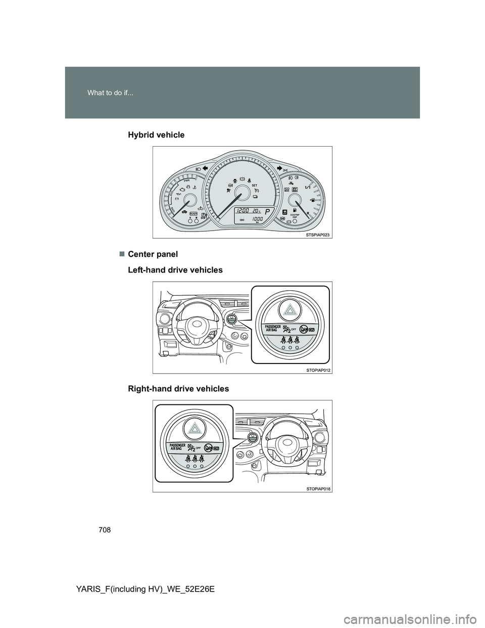TOYOTA YARIS 2014 Owners Manual 708 What to do if...
YARIS_F(including HV)_WE_52E26EHybrid vehicle
Center panel
Left-hand drive vehicles
Right-hand drive vehicles TOYOTA YARIS 2014 Owners Manual 708 What to do if...
YARIS_F(including HV)_WE_52E26EHybrid vehicle
Center panel
Left-hand drive vehicles
Right-hand drive vehicles